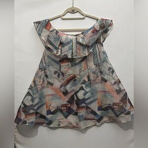 Vintage Korean Abstract Ruffle Neck Babydoll Mini Dress Blue, Peach & Gray